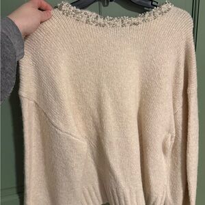 Astr Pearl-Embellished Cream Sweater